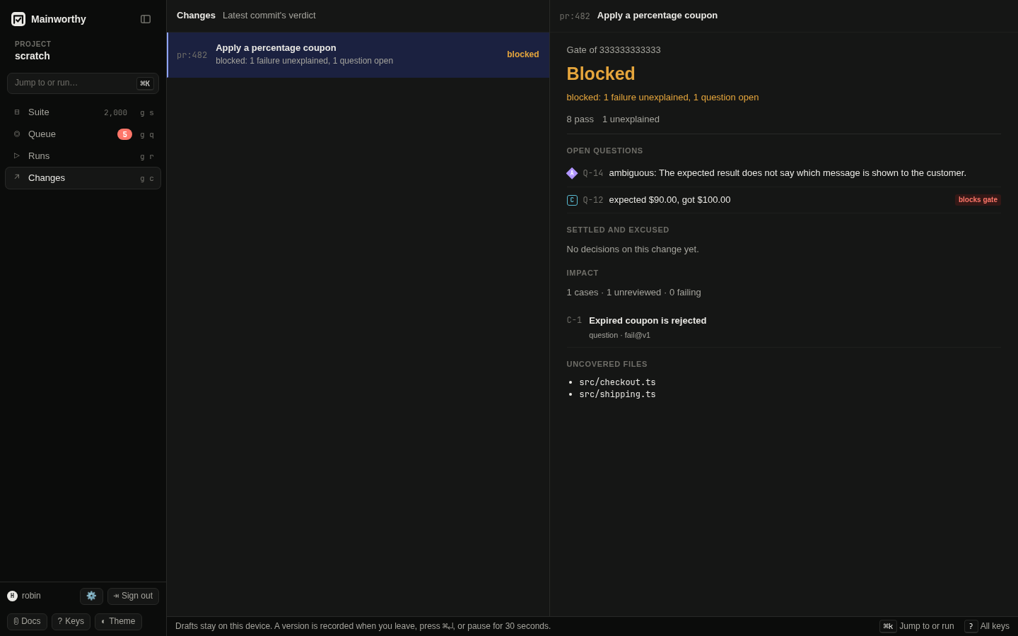 Changes with a blocked gate, open questions, decisions, and impact