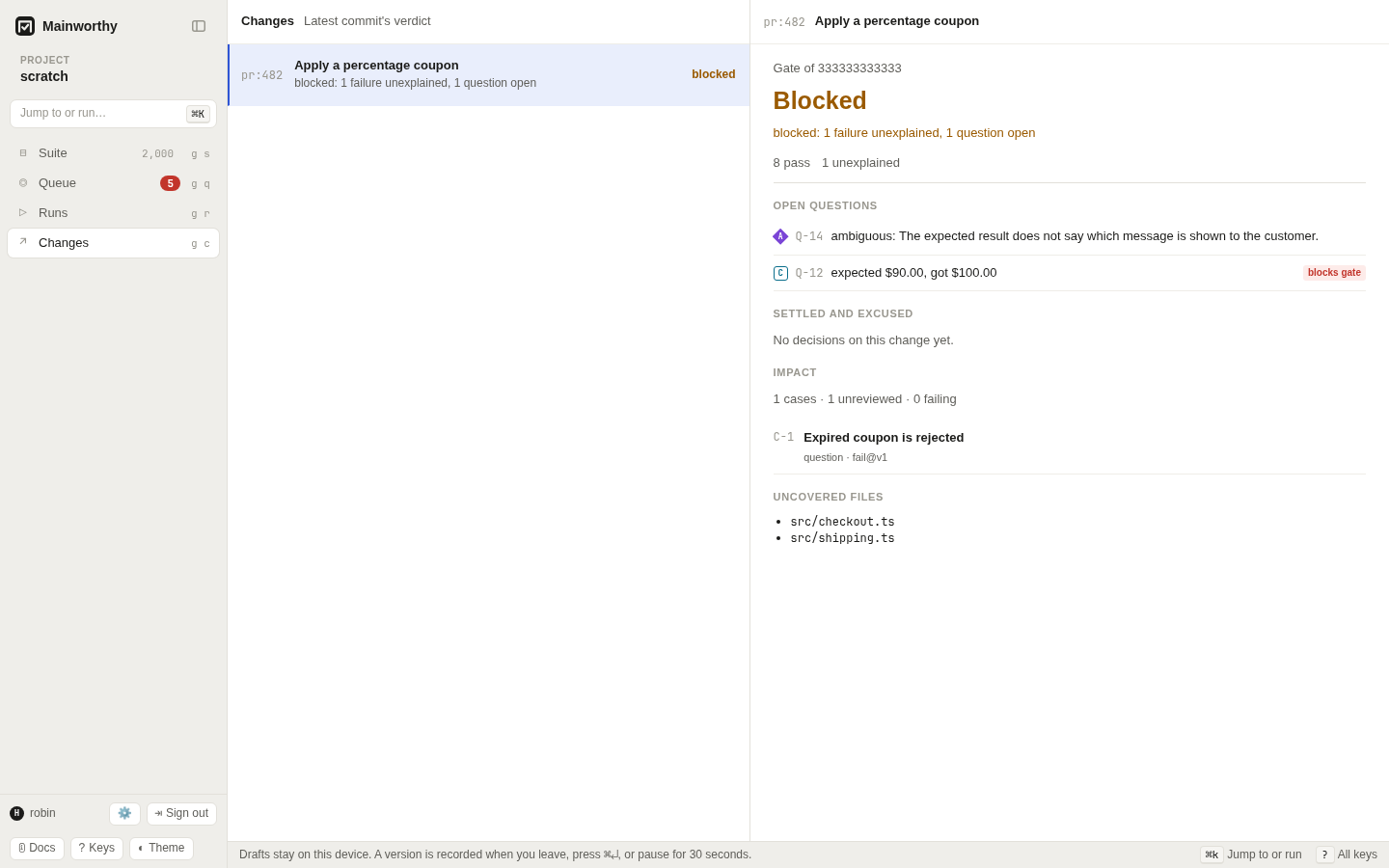 Changes with a blocked gate, open questions, decisions, and impact