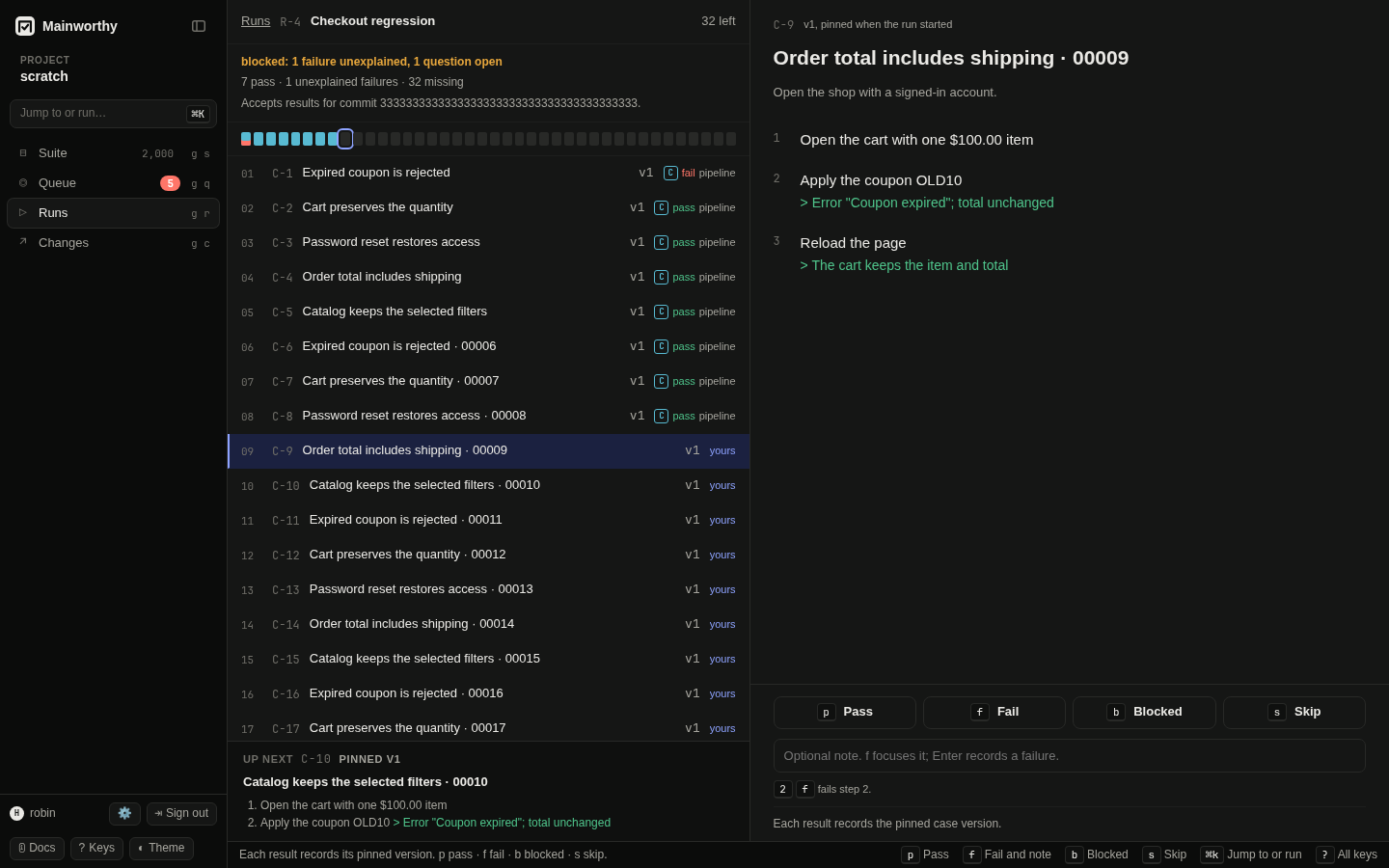 A planned run with CI results, unfilled slots, and the selected case