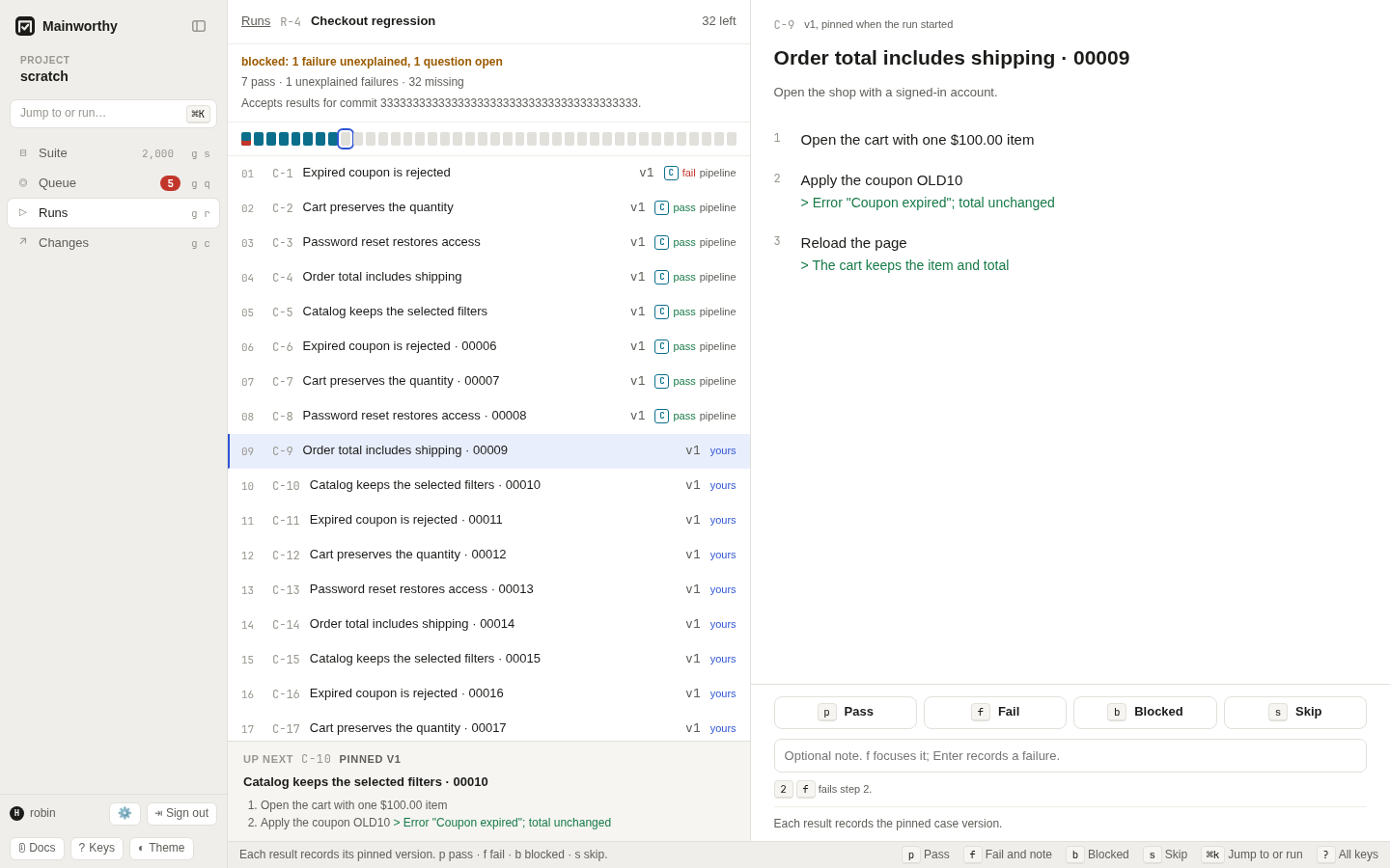 A planned run with CI results, unfilled slots, and the selected case