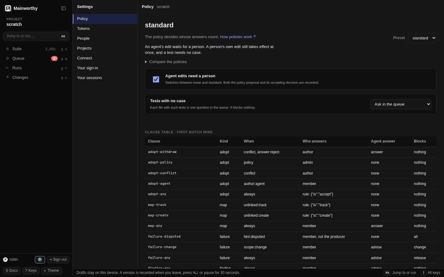 Settings with the policy preset, the compare table and the clause table