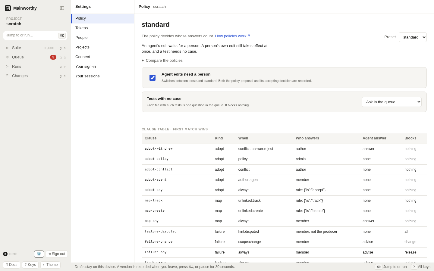 Settings with the policy preset, the compare table and the clause table